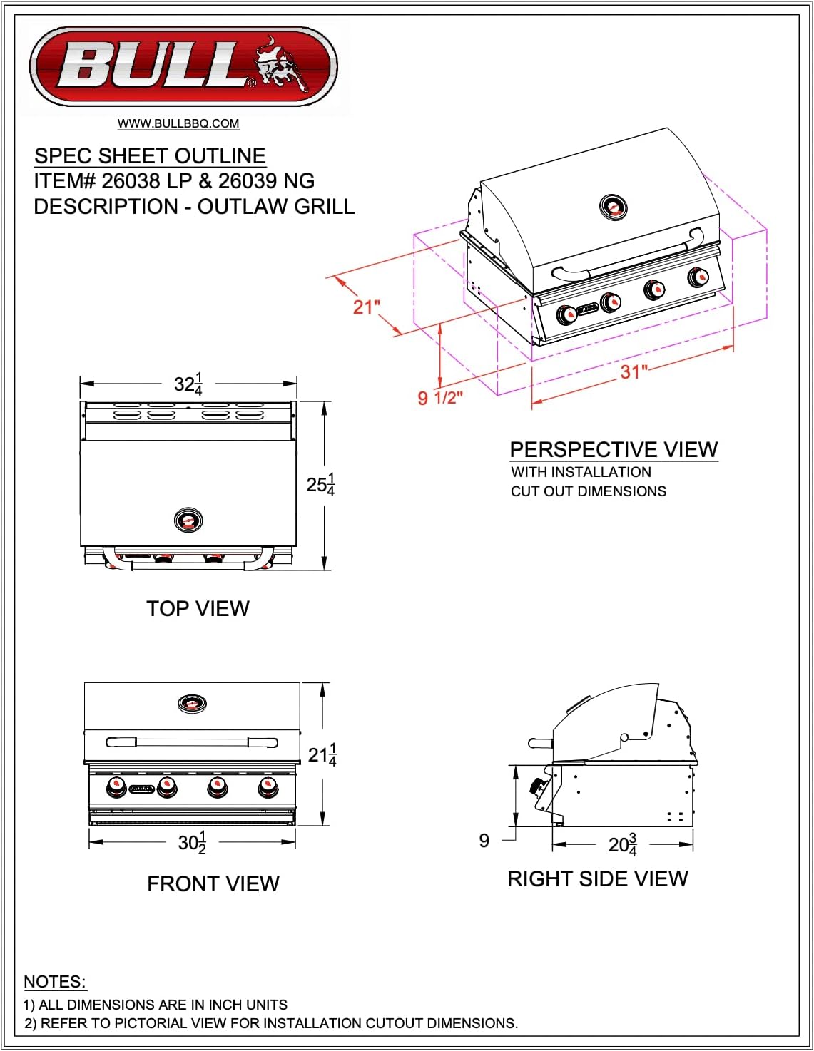 Bull Outdoor Products 26038 Outlaw Drop-In Grill Head